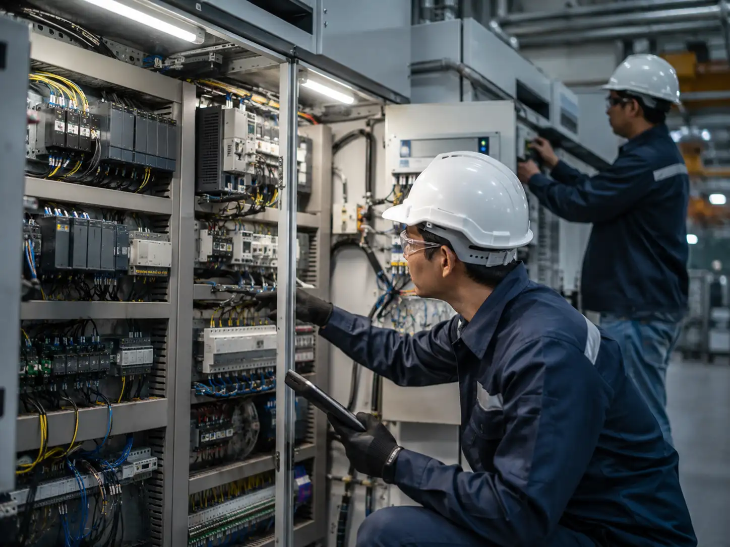 Técnicos realizando manutenção e automação em painel de comando elétrico industrial com CLPs e inversores